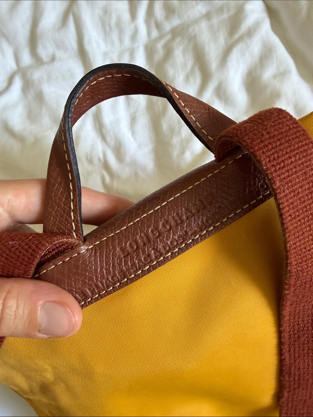 Longchamp Mustard Yellow Nylon Backpack with Brown Leather Flap - Picture 5 of 8